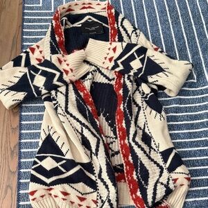 AKIRA Geometric Knit Cardigan in Red and Navy